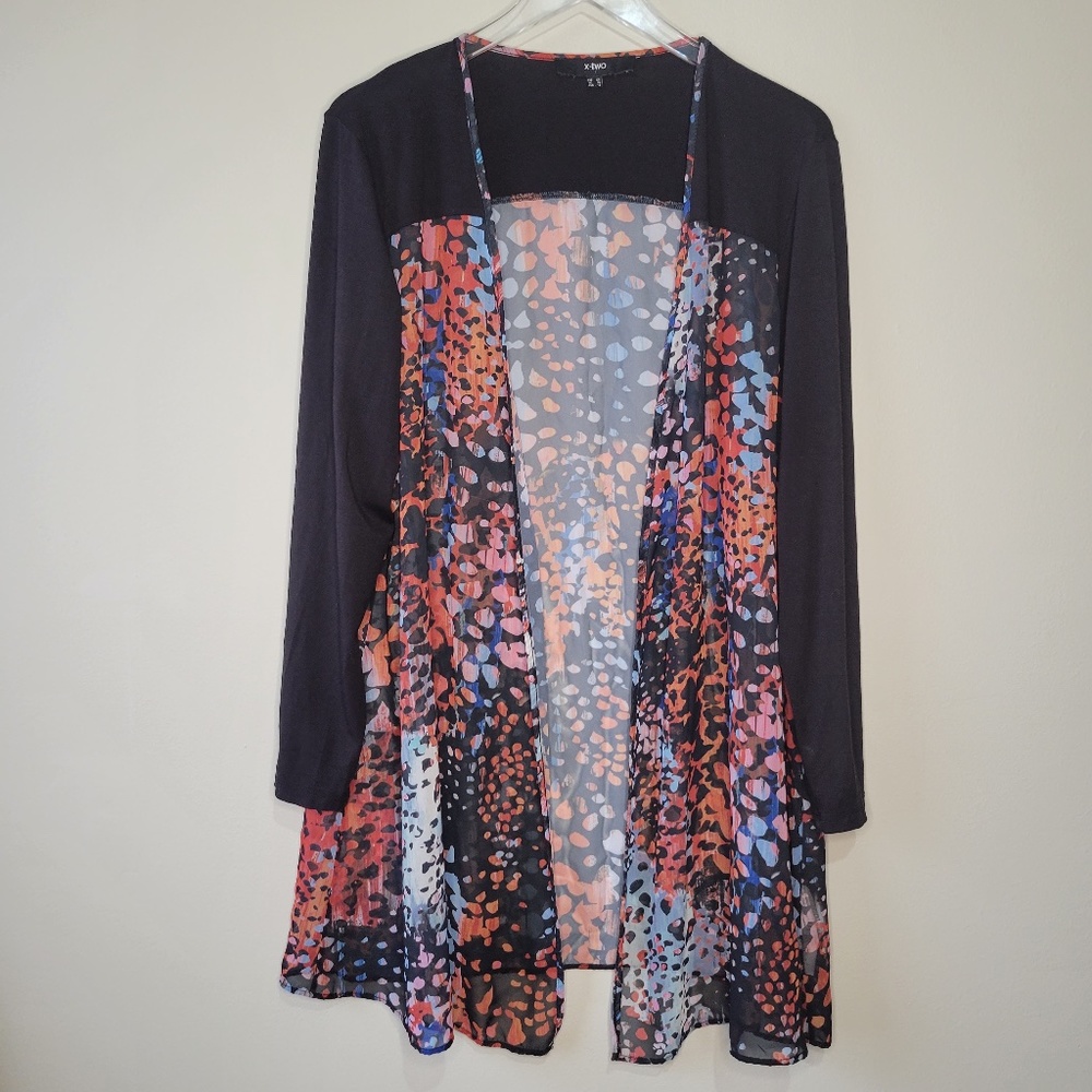 X-two Woman’s Duster Sheer Black Long Sleeve Multicolor Cardigan Open Front Sz12